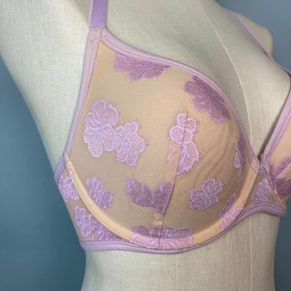 PINK Victoria's Secret Purple Beige Lightly Lined Hibiscus Underwire Bra 34DD - Picture 2 of 12